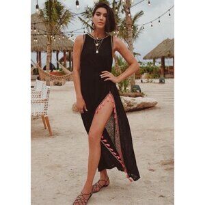 Pitusa Tassel Slit Dress Black Maxi Resor